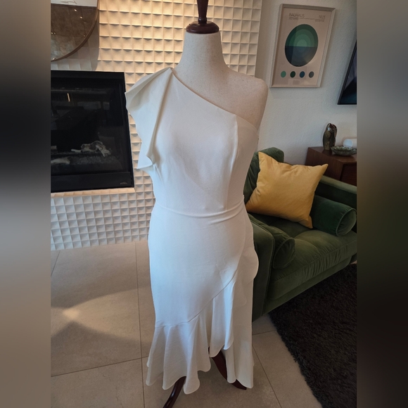 NWT White House Black Market One Shoulder Midi Dress Ecru in Ivory/White Size 10 - Picture 2 of 6